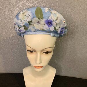 Vintage Montaldo's 1950's Blue Floral Beret Hat EUC
